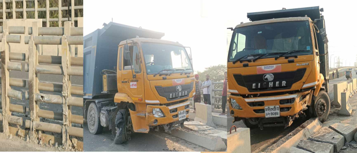 শাহ সিমেন্টের পাথর বোঝাই ট্রাক নিয়ন্ত্রন হারিয়েশীতলক্ষ্যা ব্রিজে রেলিং ধাক্কা