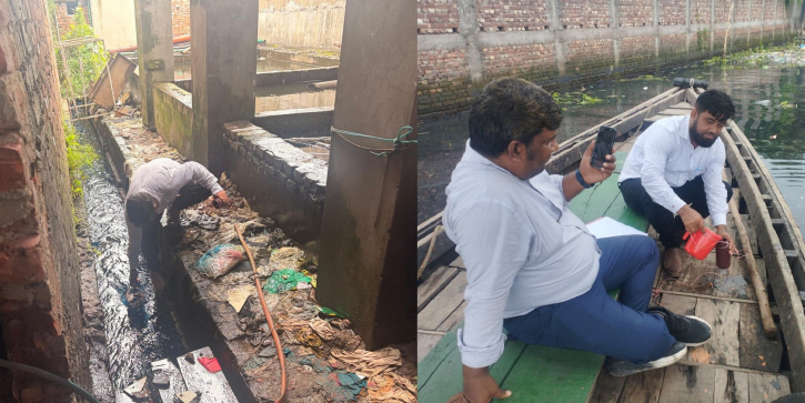 নারায়ণগঞ্জে বুড়িগঙ্গায় তরল বর্জ্য নির্গমনস্থল থেকে নমুনা সংগ্রহ
